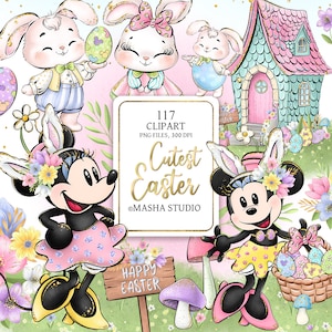 Puede incluir: Ilustración digital con personajes temáticos de Pascua, incluyendo conejitos y Minnie Mouse, con detalles florales y huevos de Pascua. La imagen incluye el texto "Cutest Easter" y "Happy Easter".
