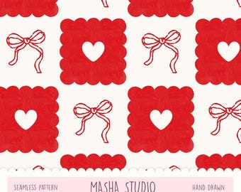 Love Checker Seamless Pattern by Masha Studio | Red and White Preppy l Bows and Hearts | Grandmillenial Pattern | Digital Download