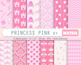 Princess digital paper: "PINK PRINCESS digital paper" printable princess paper for scrapbooking, birthday parties, baby showers, invites