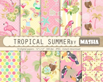 Tropical digital papers: "TROPICAL SUMMER" with flamingo patterns, exotic digital paper, toucan pattern, parrot print, tropical patterns