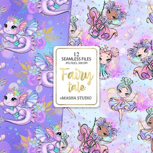May include: A digital paper pack with 12 seamless patterns featuring fairies and dragons. The patterns are in shades of purple, pink, blue, and green with gold glitter accents. The text "Fairy tale" is in the center of the image.