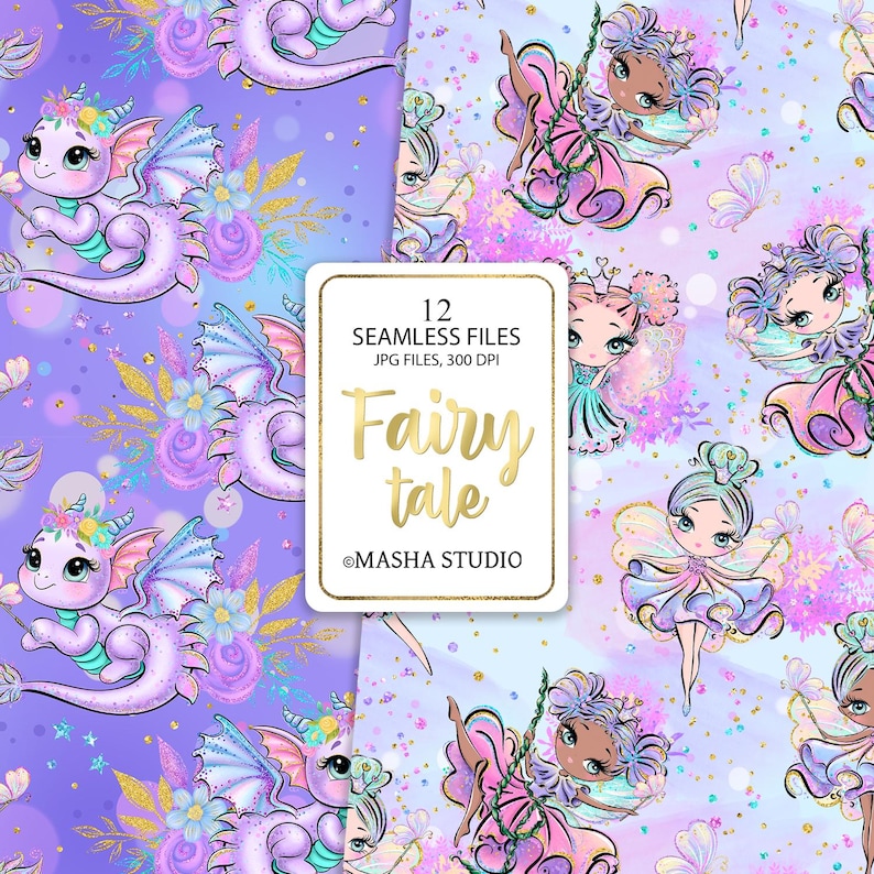 May include: A digital paper pack with 12 seamless patterns featuring fairies and dragons. The patterns are in shades of purple, pink, blue, and green with gold glitter accents. The text "Fairy tale" is in the center of the image.
