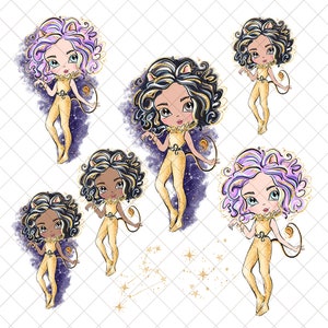 May include: Five digital illustrations of cartoon girls dressed as lions with a sparkly gold and purple background. Each girl has a different hair color and skin tone.