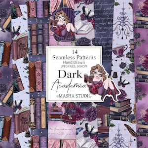 Op de afbeelding: Een digitale collage met 14 naadloze patronen met een dark academia thema. De patronen bevatten illustraties van boeken, rozen, vlinders en een lezende vrouw. Het kleurenpalet wordt gedomineerd door tinten paars, bruin en zwart. De tekst "Dark Academia" is zichtbaar.
