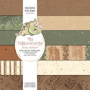 Masha Studio's Paleontology Basic Digital Papers, Dinosaurs Planner Stickers, Dino Fabrics, Seamless Patterns, Dino Surface Design