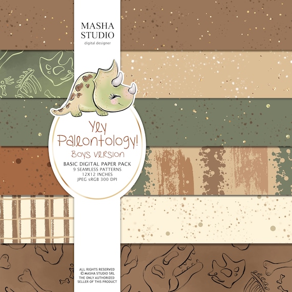 Masha Studio's Paleontology Basic Digital Papers, Dinosaurs Planner Stickers, Dino Fabrics, Seamless Patterns, Dino Surface Design