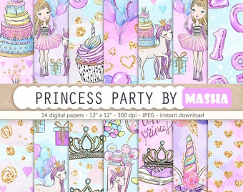 Princess Party Digital Papers Birthday Digital Paper Pack Princess Planner Stickers Unicorn Party Ideas Birthday Cake Illustration