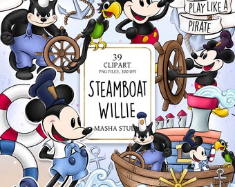 Steamboat Willie Clipart, Imágenes Prediseñadas de dibujos animados, Imágenes Prediseñadas de la Marina, Imágenes Prediseñadas náuticas, Imágenes Prediseñadas de niño, Masha Studio, Sublimaciones para niños, Imágenes Prediseñadas pirata, PNG