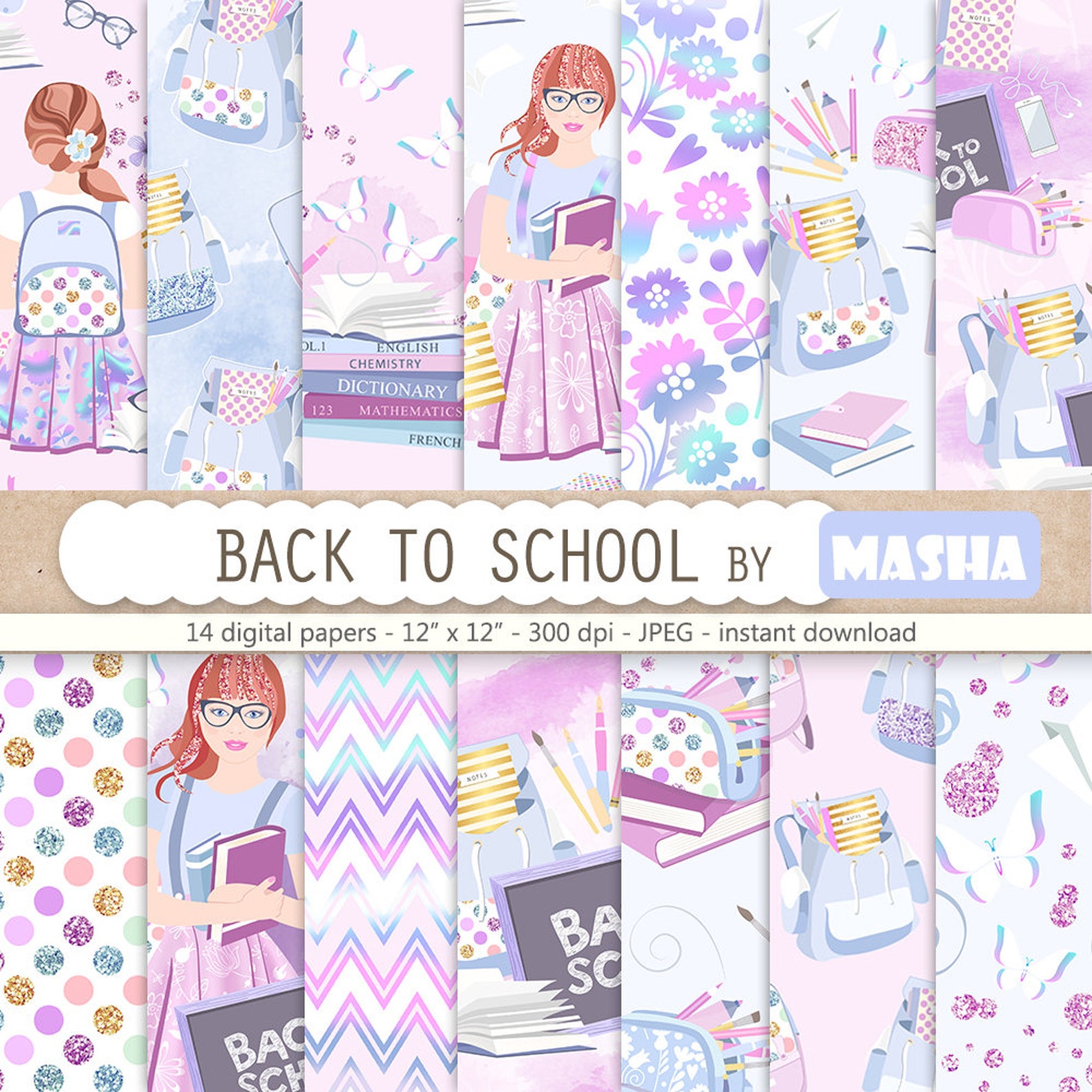 Back to School Digital Paper School Paper Pack Hologlam - Etsy
