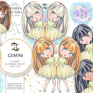 Puede incluir: Colecci&oacute;n de im&aacute;genes predise&ntilde;adas digitales con ilustraciones del signo zodiacal G&eacute;minis. Las im&aacute;genes muestran gemelas de estilo caricatura con diferentes colores de cabello, vestidas con vestidos amarillos. Incluye el s&iacute;mbolo de G&eacute;minis y detalles de constelaci&oacute;n.