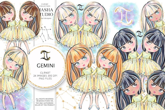 Gemini Girls Clipart, Gemini Clipart, Zodiac Clipart, Astrology Clipart, Zodiac Signs Clipart, Zodiac Illustrations, Planner Stickers