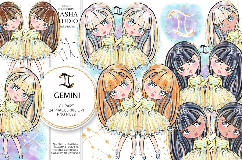 Puede incluir: Colecci&oacute;n de im&aacute;genes predise&ntilde;adas digitales con ilustraciones del signo zodiacal G&eacute;minis. Las im&aacute;genes muestran gemelas de estilo caricatura con diferentes colores de cabello, vestidas con vestidos amarillos. Incluye el s&iacute;mbolo de G&eacute;minis y detalles de constelaci&oacute;n.