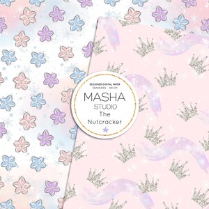 May include: Two digital paper designs featuring a pink and blue watercolor background with snowflakes. One design has silver glitter crowns and the other has pink, blue, and purple flowers. The text "MASHA STUDIO The Nutcracker" is in a white circle with a gold star.