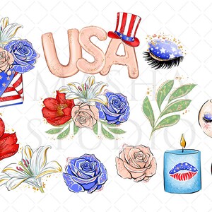 May include: A set of digital clipart featuring patriotic American themed illustrations. The set includes a red, white, and blue flower arrangement, a candle with a face, a coffee cup, a flower arrangement with red, white, and blue flowers, a blue flower, a white flower, a pink flower, a leafy branch, a pair of eyelashes with a blue, white, and red star design, and the word "USA" in red, white, and blue.