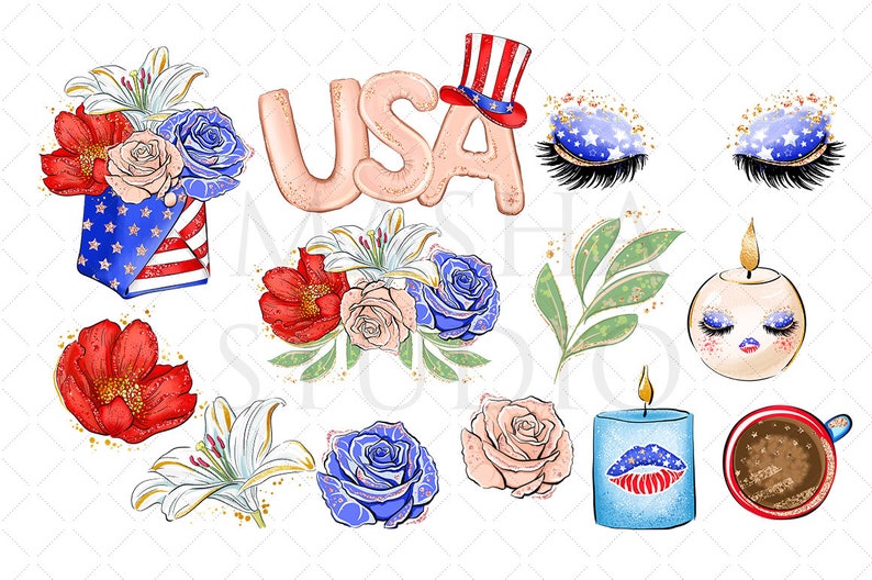 May include: A set of digital clipart featuring patriotic American themed illustrations. The set includes a red, white, and blue flower arrangement, a candle with a face, a coffee cup, a flower arrangement with red, white, and blue flowers, a blue flower, a white flower, a pink flower, a leafy branch, a pair of eyelashes with a blue, white, and red star design, and the word "USA" in red, white, and blue.