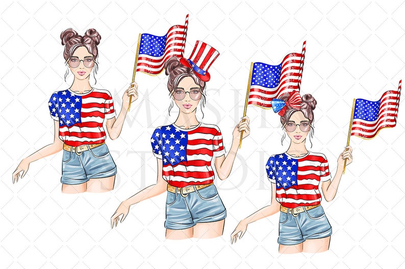 May include: Three women wearing red, white, and blue outfits and holding American flags. The women are wearing denim shorts, t-shirts, and have their hair styled in buns.