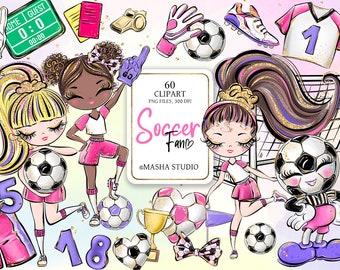 Imágenes Prediseñadas de chicas de fútbol, imágenes prediseñadas de pelota de fútbol, puerta de fútbol, chicas lindas de fútbol, imágenes prediseñadas deportivas, Masha Studio, impresión bajo demanda, sublimaciones