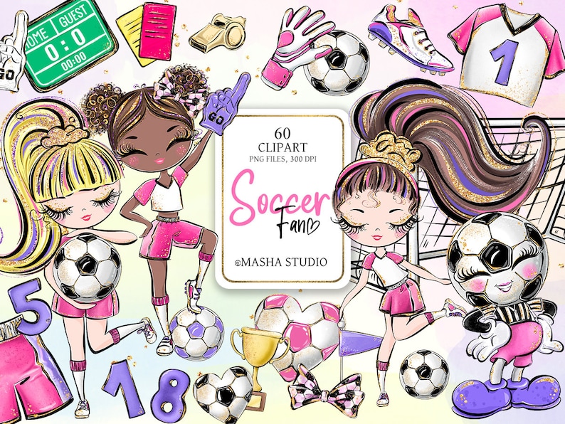 Puede incluir: Un conjunto de 60 im&aacute;genes de clipart digital que presentan a lindas chicas de dibujos animados vestidas con uniformes de f&uacute;tbol y sosteniendo balones de f&uacute;tbol. Las im&aacute;genes est&aacute;n en un esquema de color rosa, morado y dorado e incluyen una porter&iacute;a de f&uacute;tbol, un trofeo y un silbato.