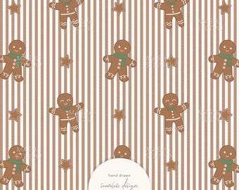 Hand-Drawn Gingerbread Man Seamless Pattern by Masha Studio, Christmas Cookie Stripes Print (Digital Download)