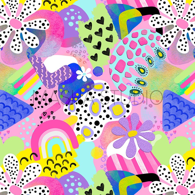 May include: A colorful abstract pattern with pink, blue, yellow, green, and purple shapes. The pattern includes flowers, hearts, rainbows, and polka dots.
