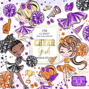 Cheerleader Clipart, Cheer Girls Clipart, Hand Drawn Illustrations, Cute Cheerleaders, Pom Pom Clipart, Masha Studio, PNGs, Sport Clipart