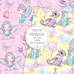 May include: Two seamless digital paper patterns featuring fairies and dragons. The first pattern is pink with fairies, stars, and glitter. The second pattern is yellow with dragons, clouds, and glitter. The text "MASHA STUDIO Little Miss Sparkle" is in the centre of the image.