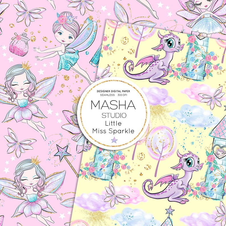 May include: Two seamless digital paper patterns featuring fairies and dragons. The first pattern is pink with fairies, stars, and glitter. The second pattern is yellow with dragons, clouds, and glitter. The text "MASHA STUDIO Little Miss Sparkle" is in the centre of the image.