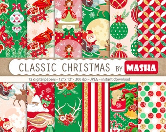 Christmas digital papers:"CLASSIC CHRISTMAS" with Christmas pattern, Santa Claus pattern, red and green pattern, 12 images 300 dpi JPG files