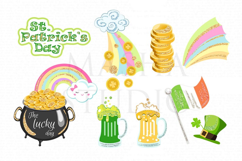 St Patricks Day Clipart Irish Girl Clipart Cute Leprechaun Illustration St Patricks Day Planner Stickers Gold Pot Clipart Gold Clipart image 5