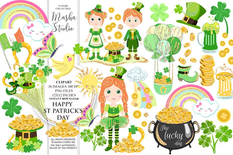 St Patricks Day Clipart Irish Girl Clipart Cute Leprechaun Illustration St Patricks Day Planner Stickers Gold Pot Clipart Gold Clipart image 1