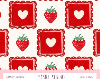 Red and White Strawberry Checker Seamless Pattern by Masha Studio | Grandmillenial Preppy Red Print | Digital Download