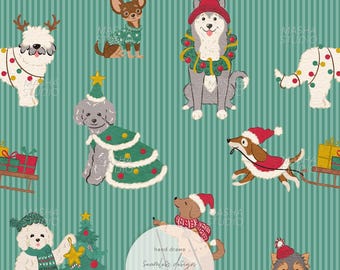 Christmas Dogs Seamless Pattern by Masha Studio, Dogs on Green Vertical Stripes, Cute Dog Print, Hand Drawn ( Digital Download)