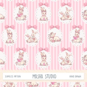 May include: Seamless pattern featuring hand-drawn illustrations of bunnies in oval frames with pink bows. The bunnies are depicted with floral crowns, reading books, and holding Easter eggs, set against a pink striped background. The text "MASHA STUDIO" is present.