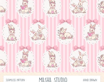 Easter Cameo Seamless Pattern by Masha Studio: Vintage Preppy Bunny Pattern, Pastel Pink Stripes Easter Pattern (Digital Download)