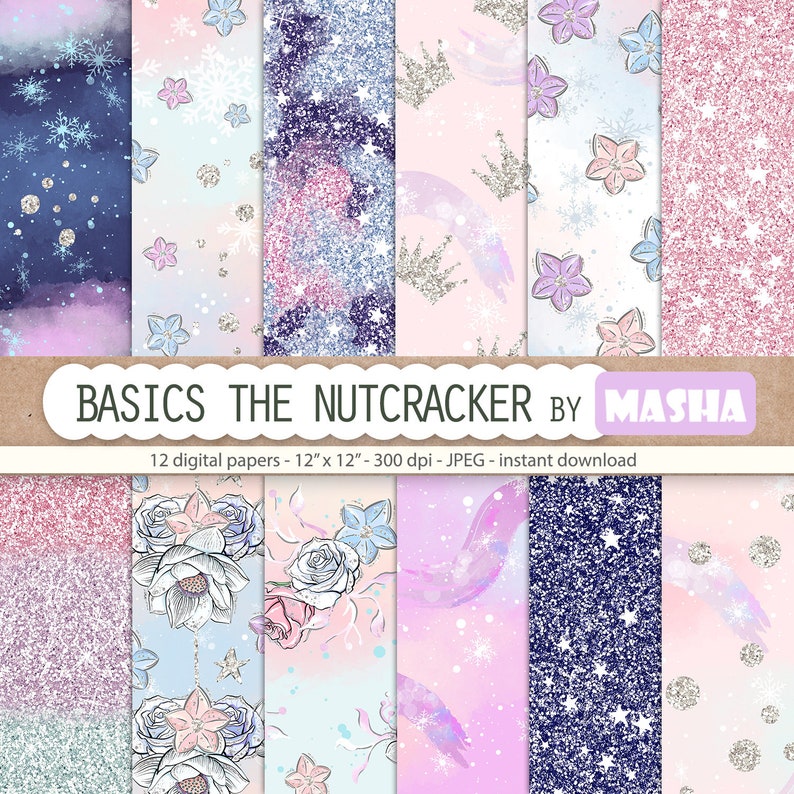May include: Twelve digital papers featuring a variety of winter-themed patterns, including snowflakes, stars, glitter, crowns, and flowers. The papers are in shades of pink, blue, and white. The text "BASICS THE NUTCRACKER BY MASHA" is at the top of the image.