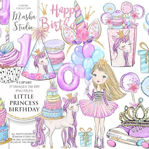 Urodziny Clipart Księżniczka Impreza Clipart Mała Księżniczka Ilustracja Jednorożec Clipart Jednorożec Impreza Akcesoria Numery Clipart Tort Urodzinowy