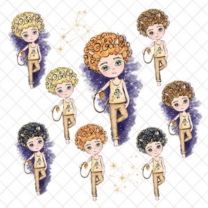 May include: Eight illustrations of cartoon lions with curly hair, wearing brown pants and a yellow tank top with a lion symbol. The lions are standing on one leg with their other leg raised. The background is a purple and white starry sky.