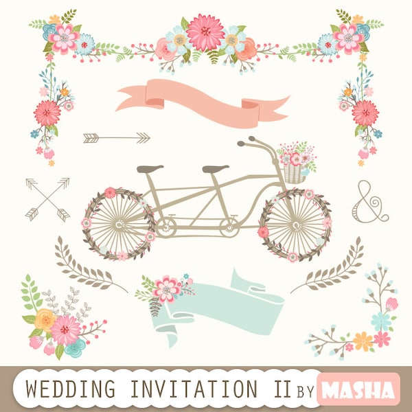 Clipart de faire-part de mariage II : « clipart INVITATION DE MARIAGE » avec tandem clipart, guirlande, bouquet de fleurs, bannières clipart pour le scrapbooking