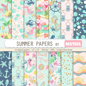 Summer patterns: SUMMER DIGITAL PAPERS with mermaid pattern, navy digital paper, nautical pattern, anchor, 14 images, 300 dpi. png files image 1