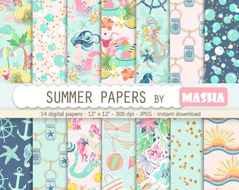 Summer patterns: "SUMMER DIGITAL PAPERS" with mermaid pattern, navy digital paper, nautical pattern, anchor,  14 images, 300 dpi. png files