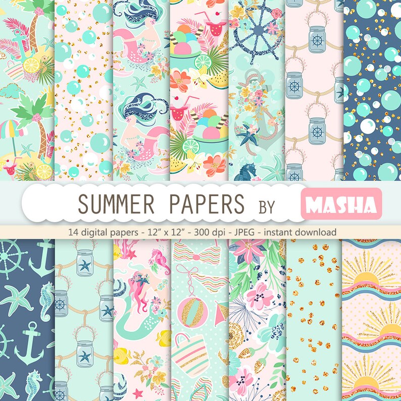 Summer patterns: SUMMER DIGITAL PAPERS with mermaid pattern, navy digital paper, nautical pattern, anchor, 14 images, 300 dpi. png files image 1