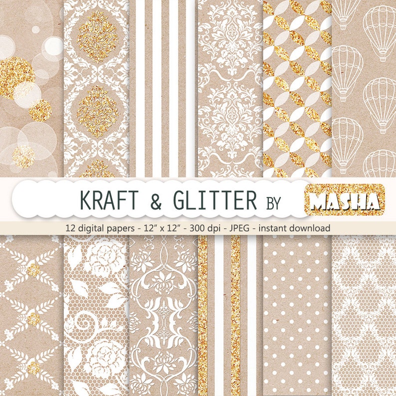 Kraft digital paper: KRAFT AND GLITTER with craft digital paper, kraft wedding patterns, white and glitter patterns for scrapbooking image 1