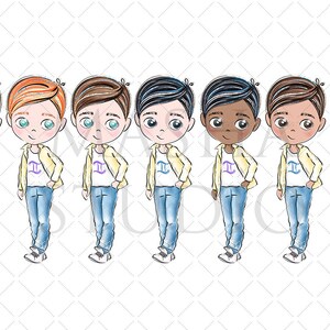 May include: Eight cartoon illustrations of boys wearing yellow jackets, white shirts with a purple and blue symbol, and blue jeans. The boys have different hair colors and skin tones.