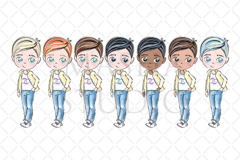 May include: Eight cartoon illustrations of boys wearing yellow jackets, white shirts with a purple and blue symbol, and blue jeans. The boys have different hair colors and skin tones.
