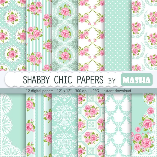 Shabby chic digital paper: "SHABBY CHIC PAPERS" with rose pattern, floral scrapbook background, blue patterns, damask for invitations