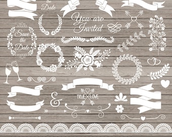 White wedding clip art: "WEDDING CLIPART" with ribbon banner clipart, laurel, wreath, lace, arrows clipart, 34 images, 300 dpi. PNG files