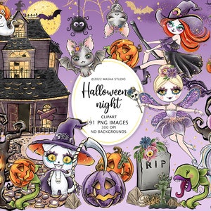 Halloween Clipart, Cute halloween Clipart, Cute Witch, Haunted House, Spooky Fairy, Cute Bat, Pumpkin Clipart by Masha Studio, Planner