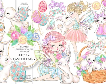 FUZZY EASTER FAIRY Clipart, Easter Clipart, Bunny Clipart, Fairy Clipart, Easter Eggs Clipart, Easter Fairy Clipart, Easter Illustrations