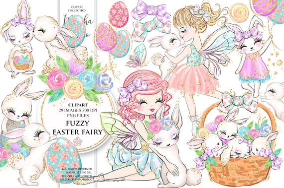 FUZZY EASTER FAIRY Clipart, Easter Clipart, Bunny Clipart, Fairy Clipart, Easter Eggs Clipart, Easter Fairy Clipart, Easter Illustrations
