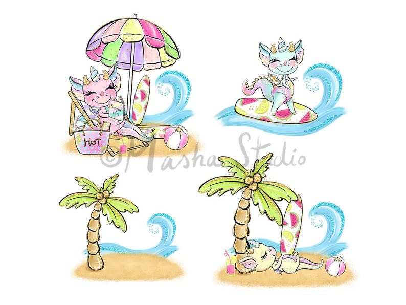 Dragons Clipart, Cute Dragon Clipart, Baby Dragon Clip Art, Summer Clipart, Activities Clipart, Planner Stickers, Beach Clipart, Summer Art image 7